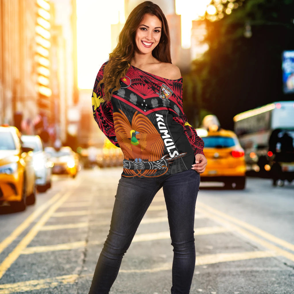 Custom Text And Number Papua New Guinea Rugby Off Shoulder Sweater PNG Kumuls Bird Of Paradise Black - Wonder Print Shop