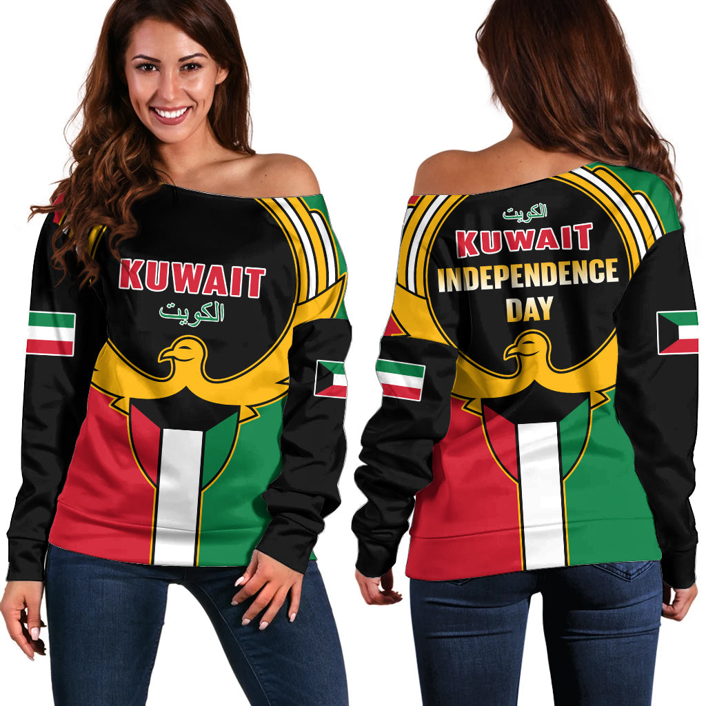 Kuwait Off Shoulder Sweater Happy Independence Day With Coat Of Arms - Wonder Print Shop