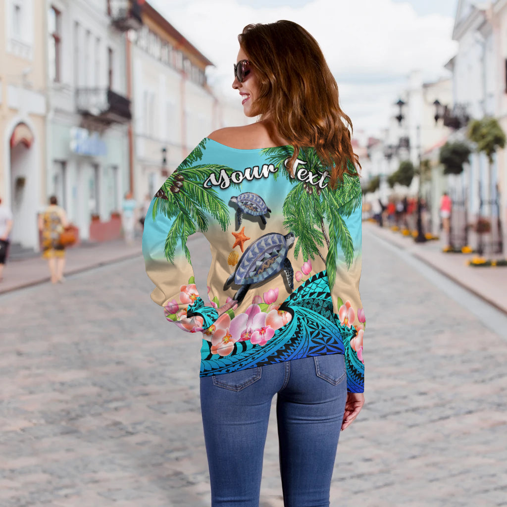 Custom Personalised Polynesian Turtle Coconut Tree And Orchids Off Shoulder Sweater - Wonder Print Shop
