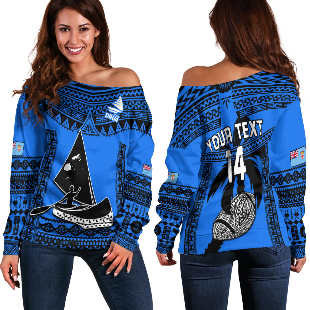 Custom Text And Number Fiji Rugby Off Shoulder Sweater Fijian Drua Super Polynesian Special Tapa Pattern - Wonder Print Shop