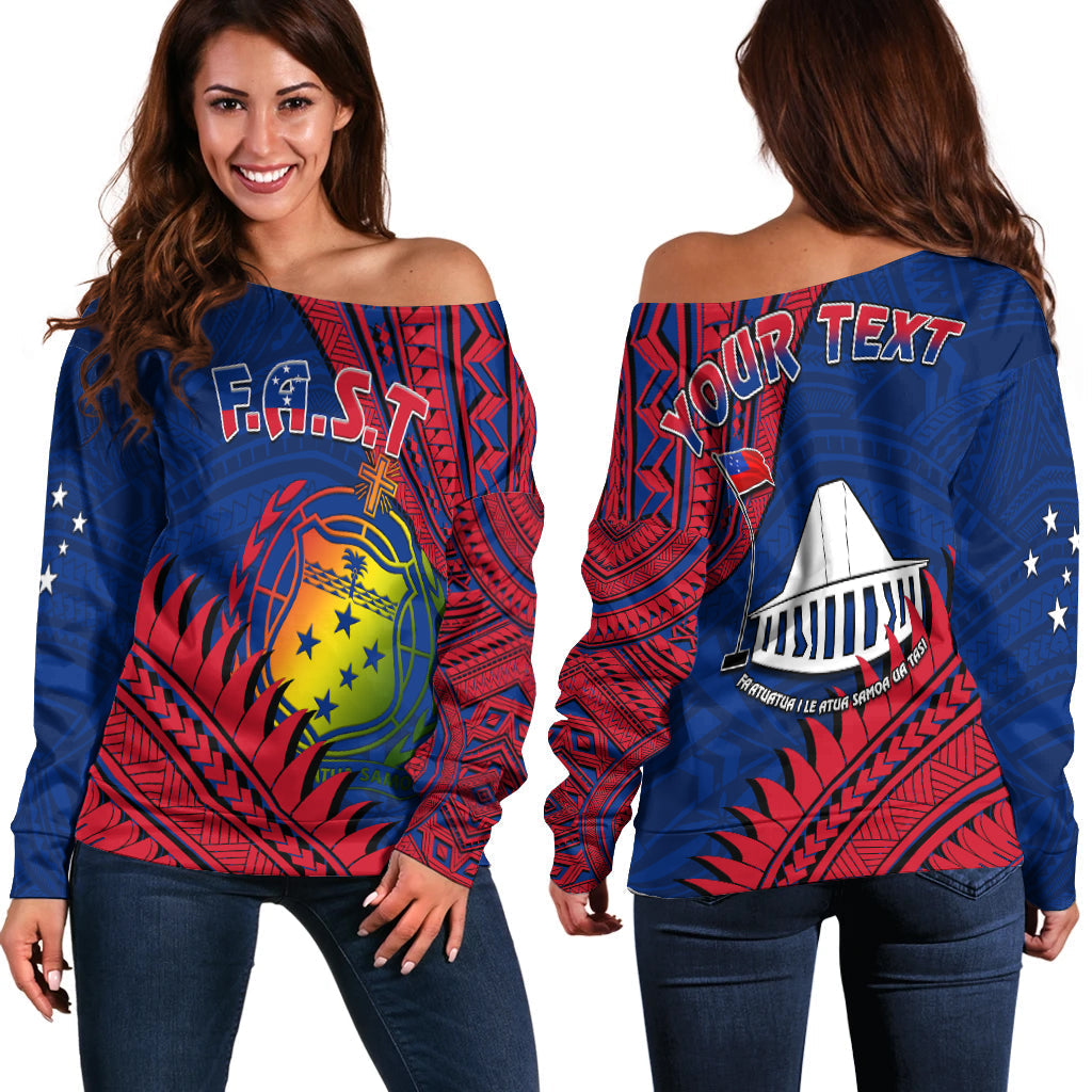 Custom Personalised F.A.S.T Samoa Off Shoulder Sweater Samoan Coat Of Arms Polynesian Pattern - Wonder Print Shop