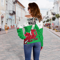 Wales Football Off Shoulder Sweater Come On Welsh Dragons With Celtic Knot Pattern - Wonder Print Shop