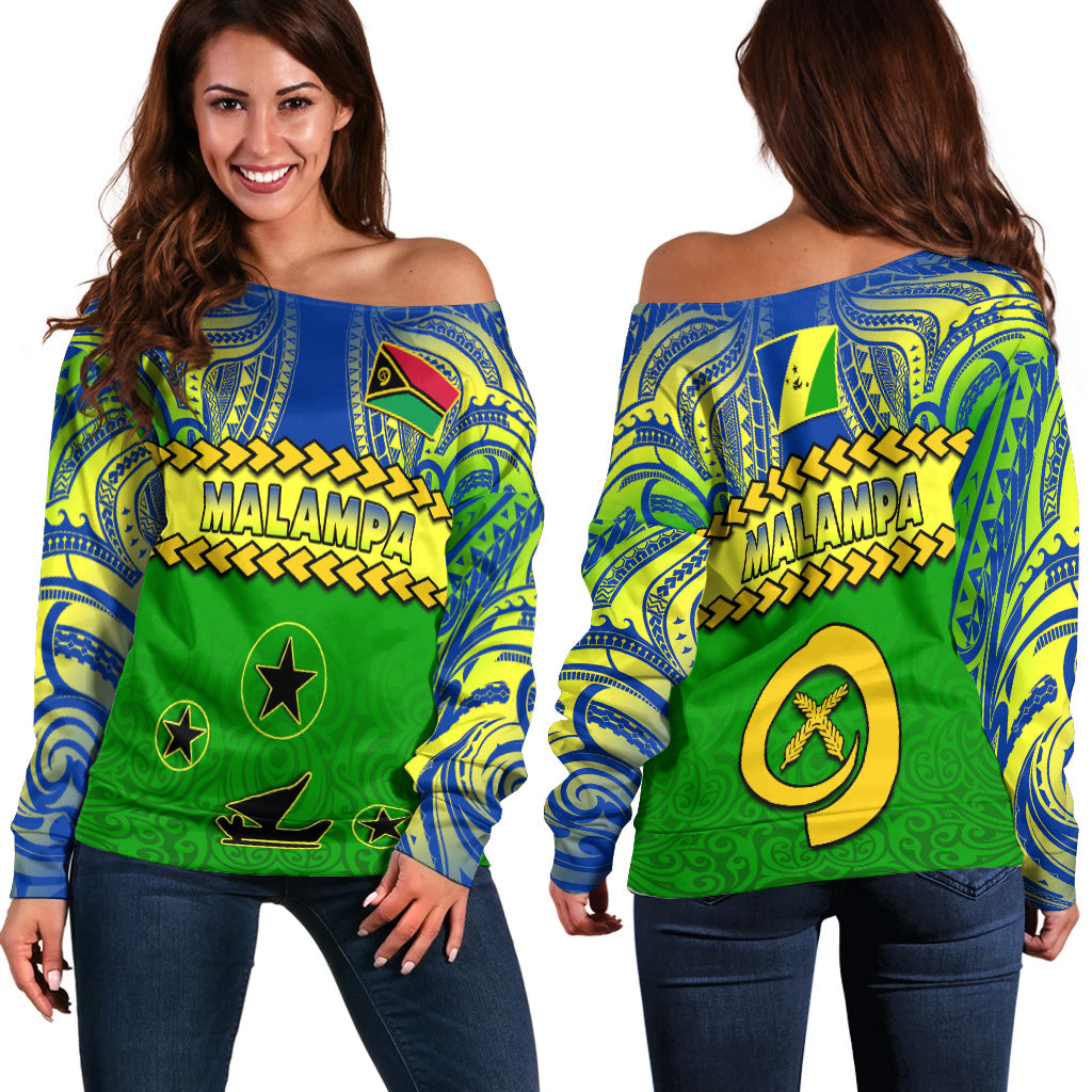 Malampa Province Off Shoulder Sweater Vanuatu Pig Tusk Polynesian Flag Style - Wonder Print Shop