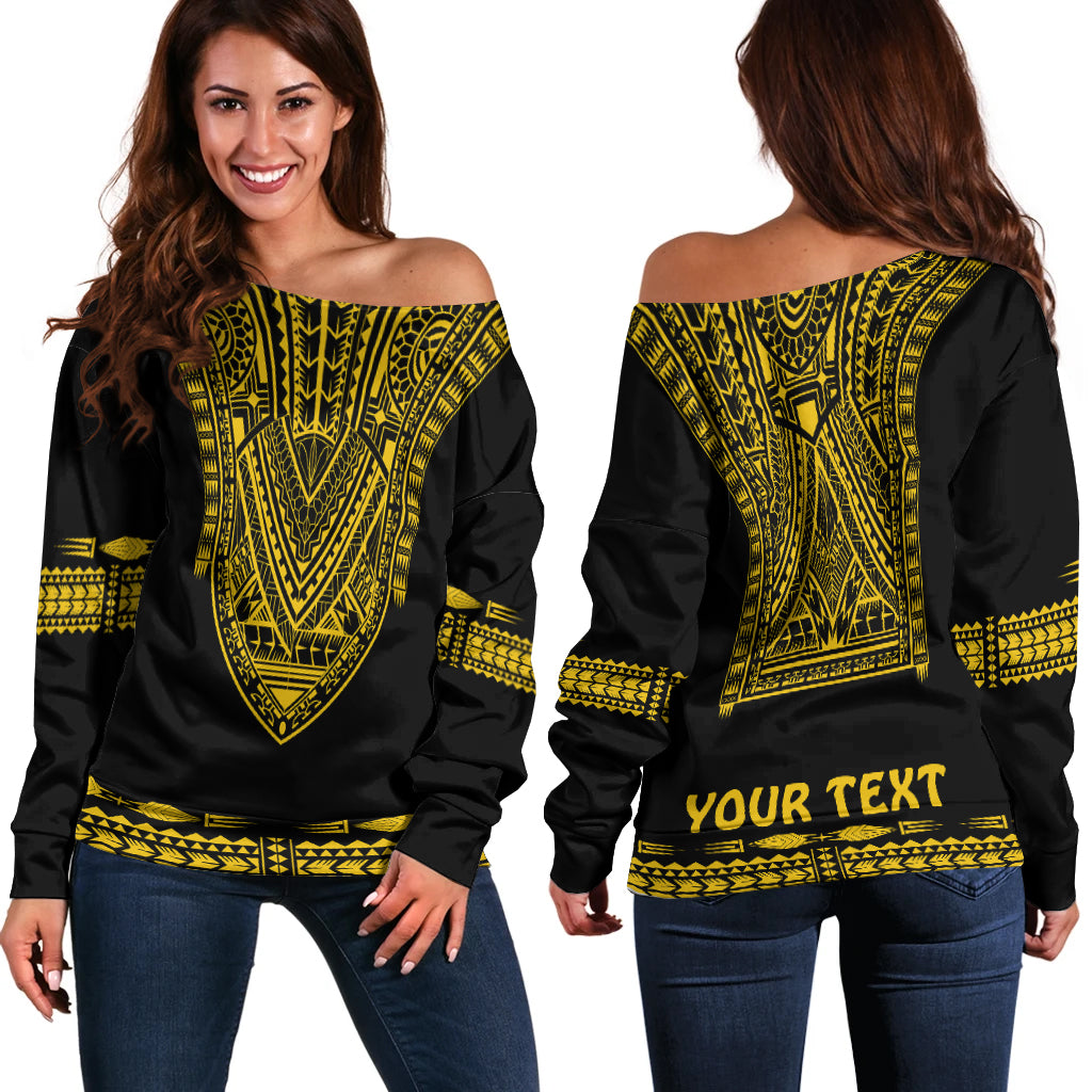 Custom Personalised Polynesian Off Shoulder Sweater Dashiki With Polynesian Tattoo Royal Golden Version - Wonder Print Shop