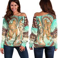 Hawaii Off Shoulder Sweater Polynesian Shark And Sea Turtle Dreamy Turquoise Artsy - Wonder Print Shop