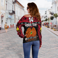 Custom Text And Number Papua New Guinea Rugby Off Shoulder Sweater PNG Kumuls Bird Of Paradise Black - Wonder Print Shop
