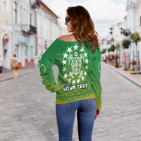 Custom Personalised Cook Islands Off Shoulder Sweater Circle Pattern Mix Sea Turtle Green Version - Wonder Print Shop