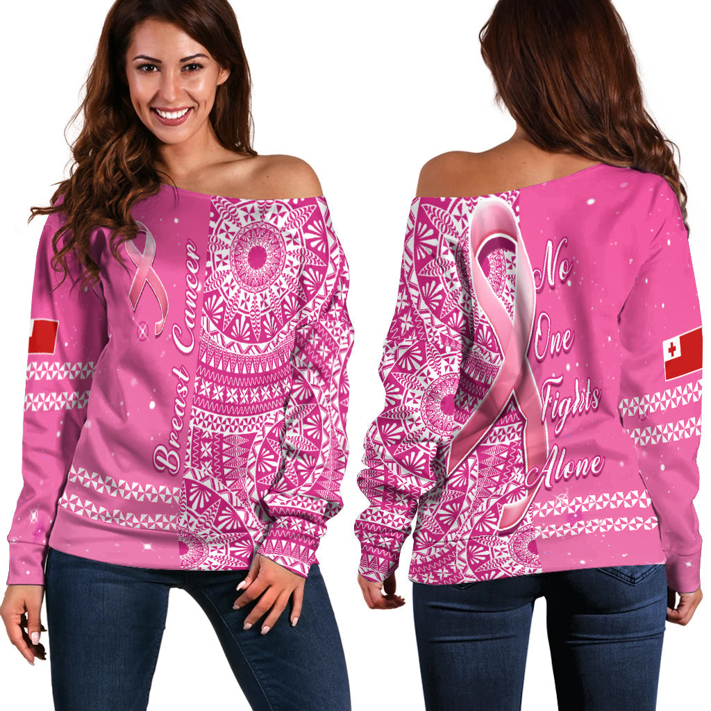 Tonga Breast Cancer Off Shoulder Sweater Tongan Ngatu Pattern No One Fights Alone - Wonder Print Shop
