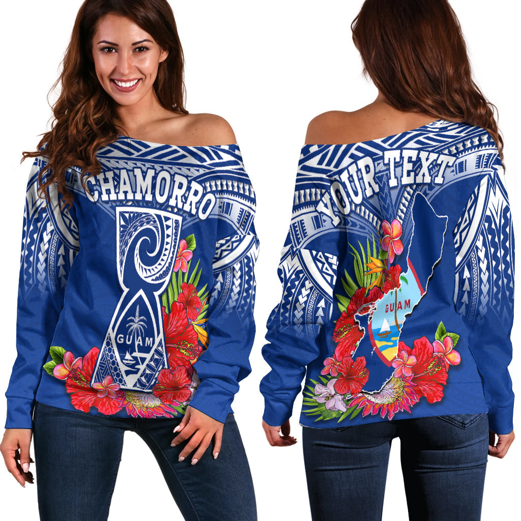 Custom Personalised Guam Chamorro Off Shoulder Sweater Guaman Latte Stone Tropical Flowers Blue Version - Wonder Print Shop