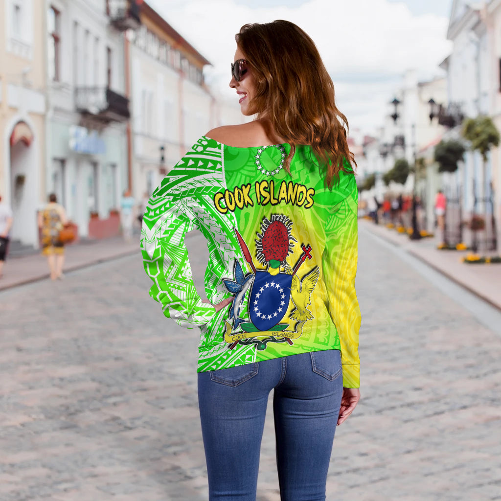 Happy Mangaia Gospel Day Off Shoulder Sweater Cook Islands Coat of Arms Polynesian Pattern - Wonder Print Shop