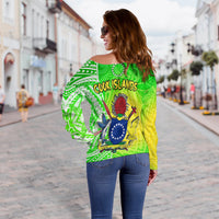 Happy Mangaia Gospel Day Off Shoulder Sweater Cook Islands Coat of Arms Polynesian Pattern - Wonder Print Shop