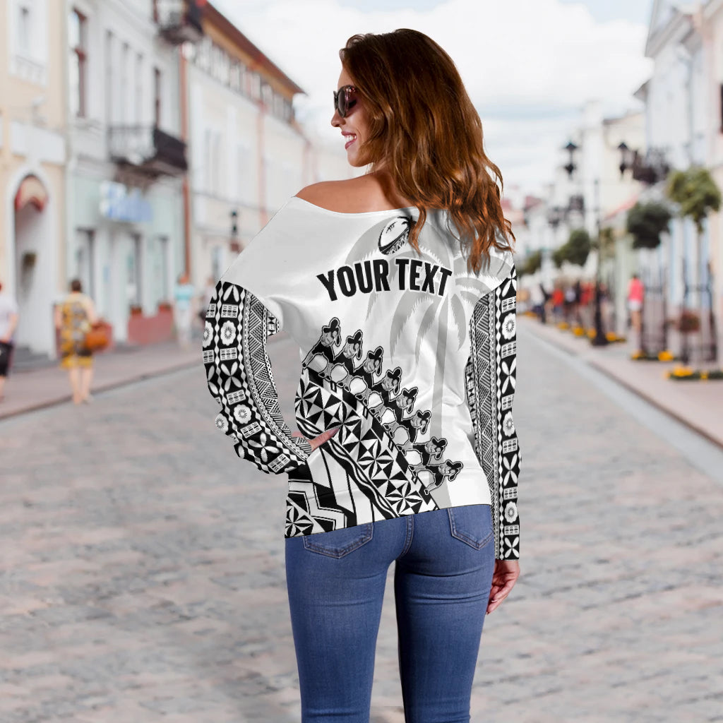 Custom Personalised Fiji Rugby Off Shoulder Sweater Fijian Cibi Dance Tapa Pattern White - Wonder Print Shop