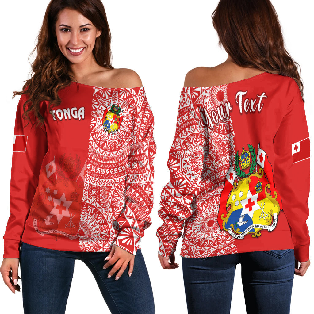 Custom Personalised Tonga Off Shoulder Sweater Tongan Coat Of Arms Ngatu Pattern - Wonder Print Shop