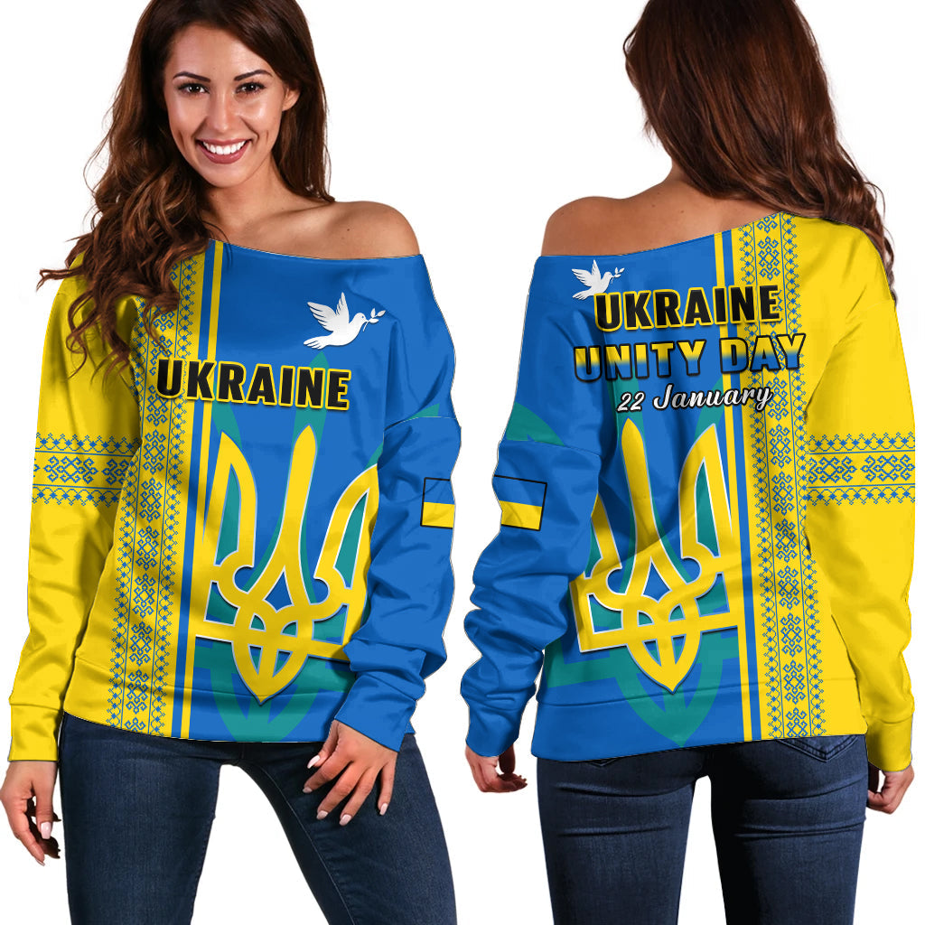 Ukraine Unity Day Off Shoulder Sweater Folk Ukrainian Coat Of Arms - Wonder Print Shop