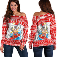 Custom Personalised Hawaii Christmas Off Shoulder Sweater Surfing Santa Mele Kalikimaka Polynesian - Wonder Print Shop