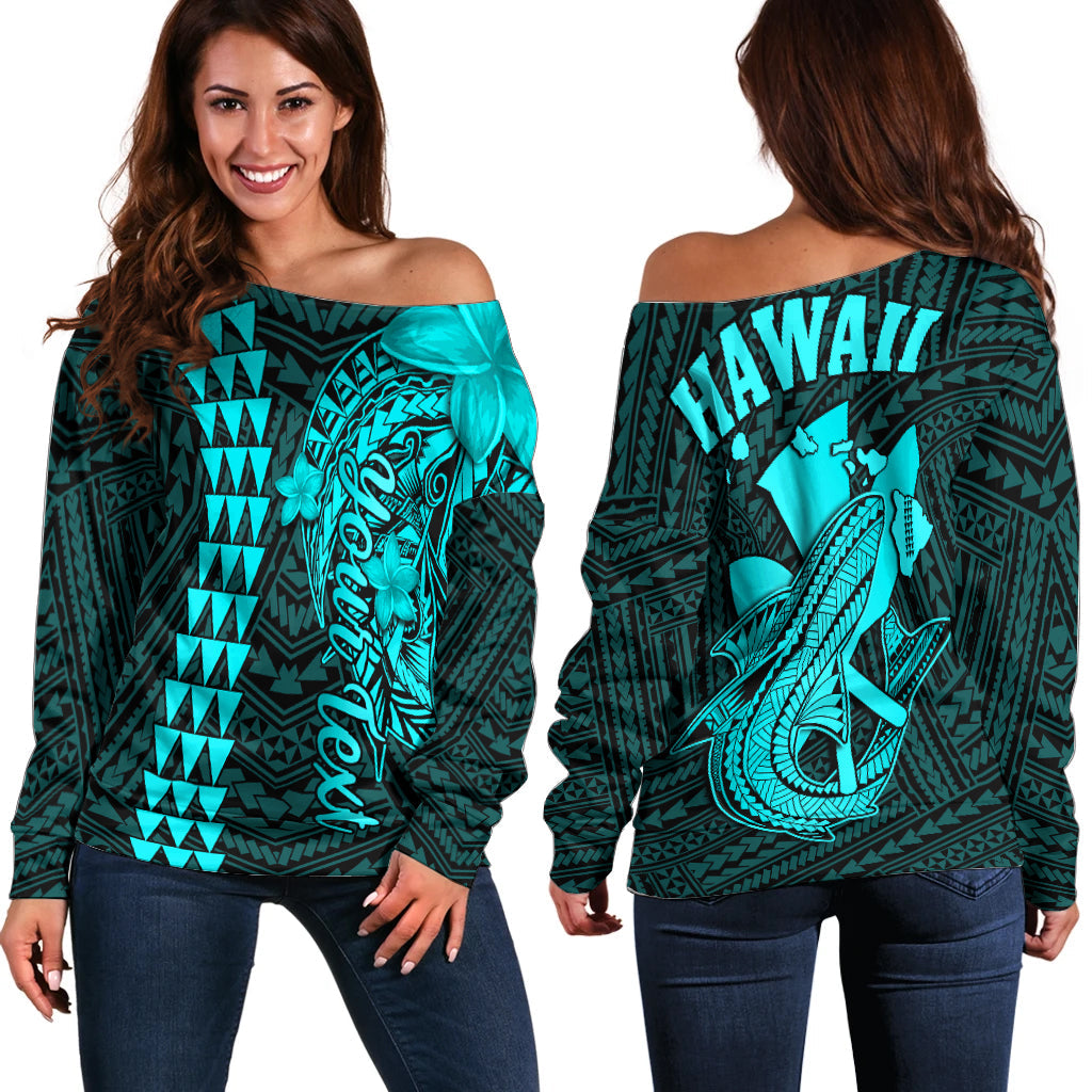 Custom Personalised Hawaii Off Shoulder Sweater Kakau Kanaka Maoli Combine Polynesian Shark Ver.04 - Wonder Print Shop