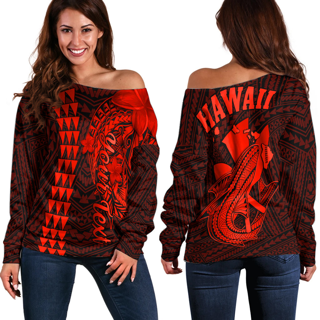 Custom Personalised Hawaii Off Shoulder Sweater Kakau Kanaka Maoli Combine Polynesian Shark Ver.06 - Wonder Print Shop