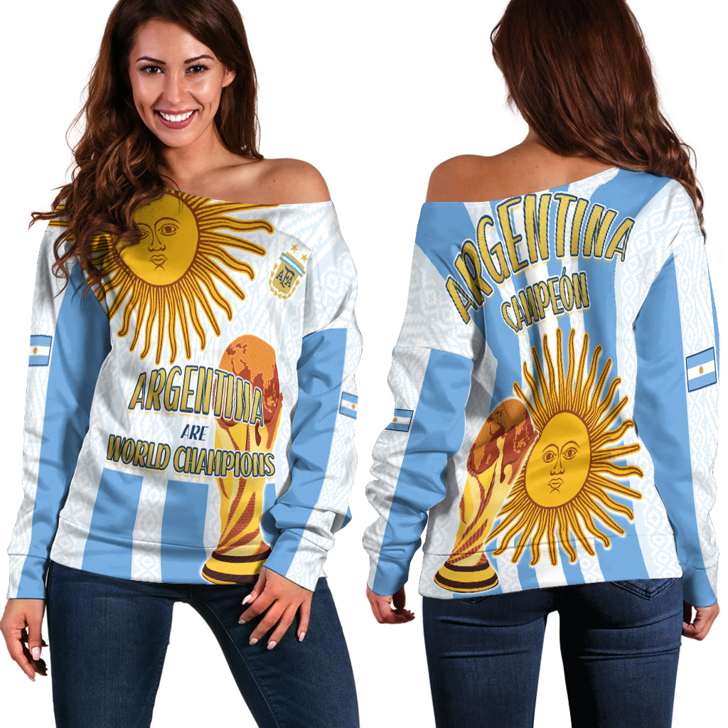 Argentina Football Off Shoulder Sweater World Champions 2022 Dream Come True LT13 - Wonder Print Shop