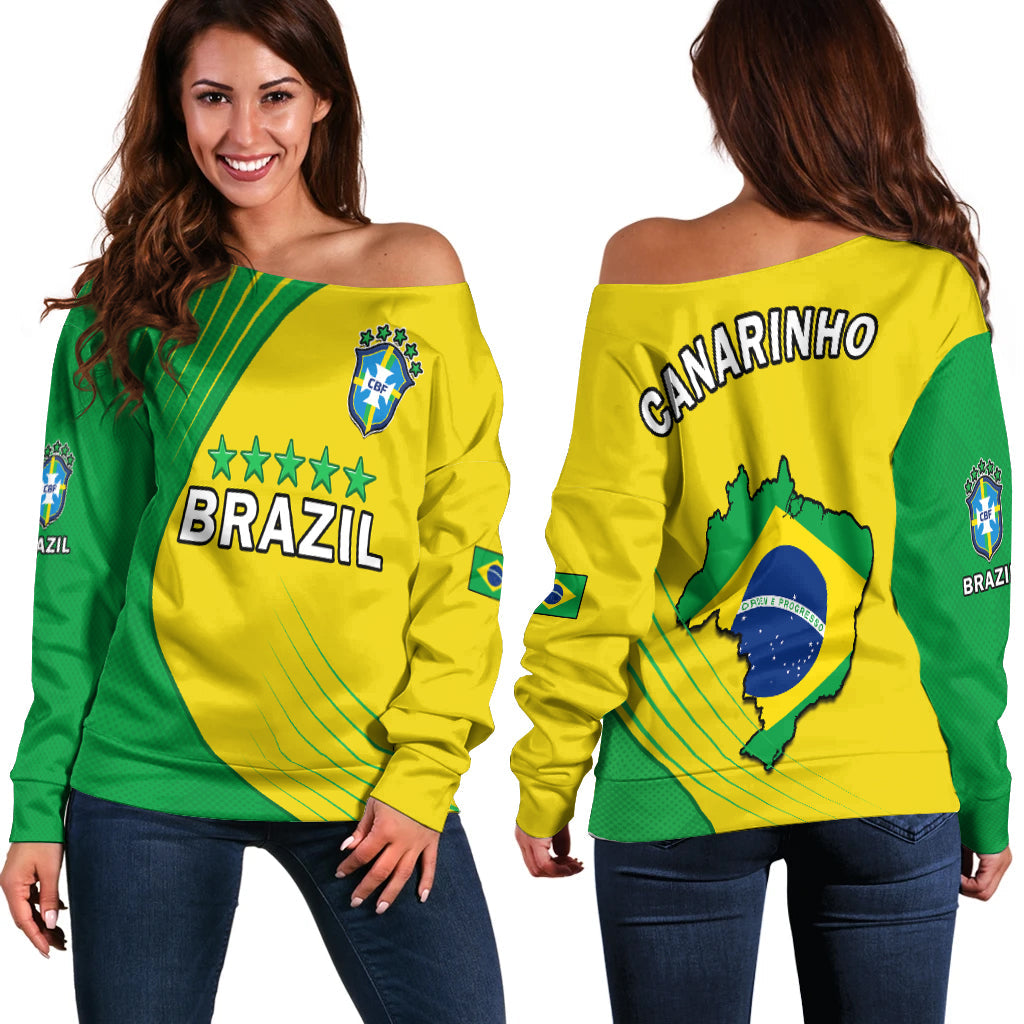 Brazil Football Off Shoulder Sweater Brasil Map Come On Canarinho Sporty Style - Wonder Print Shop