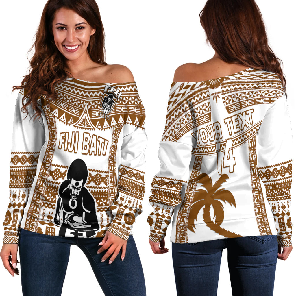 Custom Text And Number Fiji Rugby Off Shoulder Sweater Pacific The Bati Brown Fijian Tapa - Wonder Print Shop