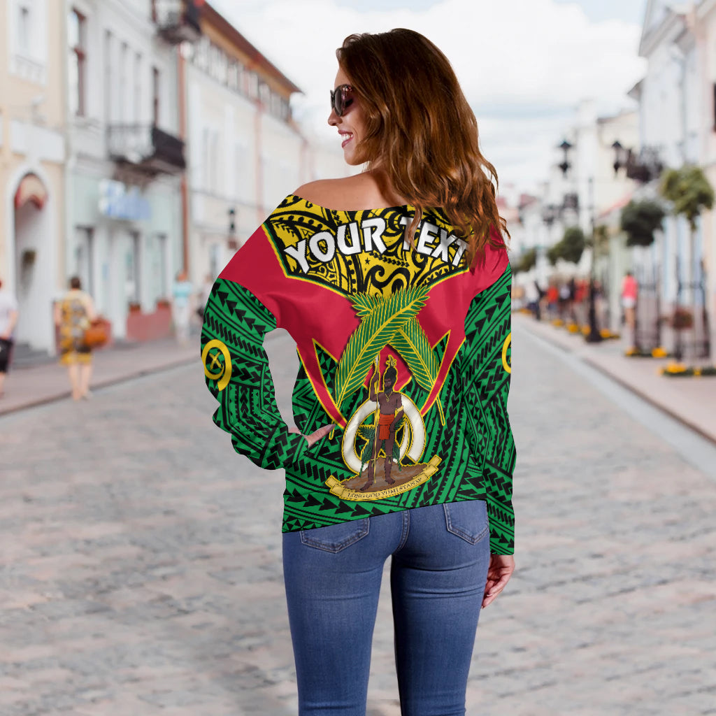 Custom Personalised Vanuatu Rugby Off Shoulder Sweater Coat Of Arms Polynesian Pattern - Wonder Print Shop