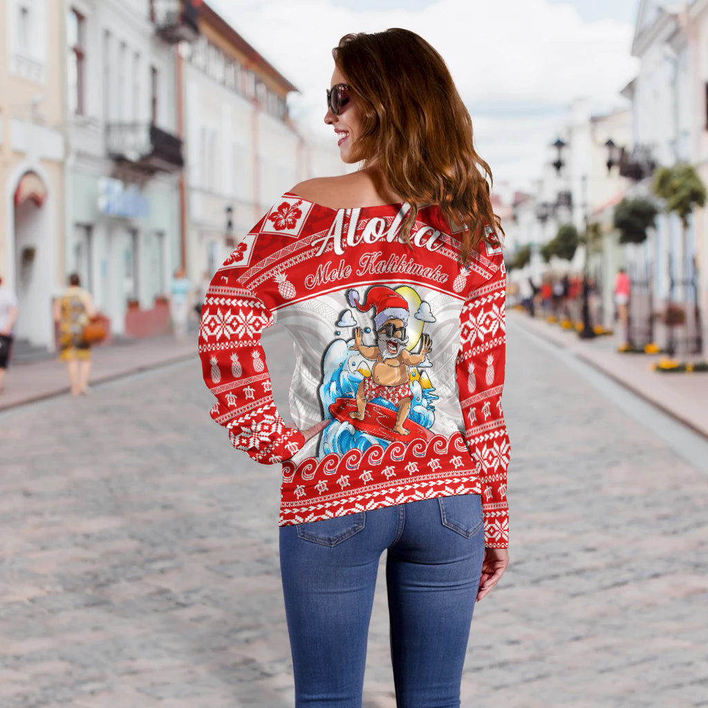 Custom Personalised Hawaii Christmas Off Shoulder Sweater Surfing Santa Mele Kalikimaka Polynesian - Wonder Print Shop