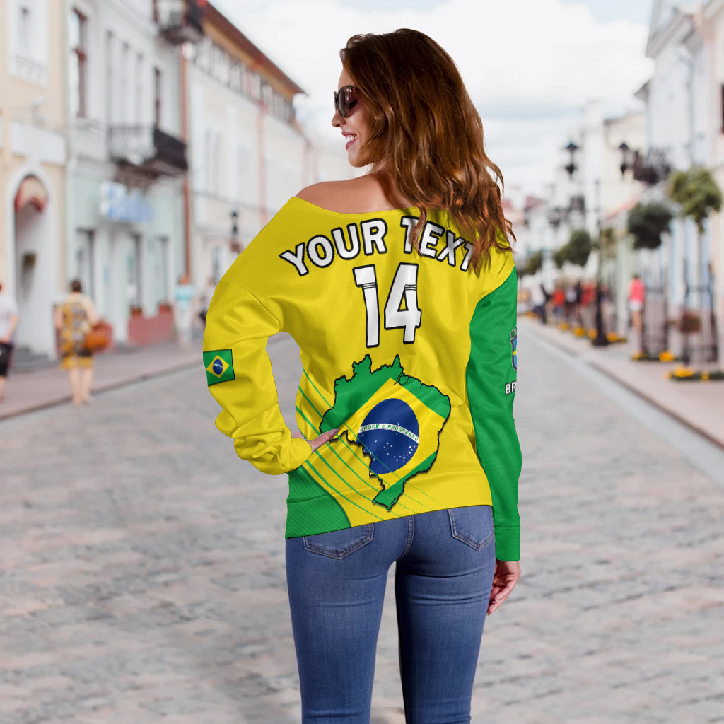 (Custom Text And Number) Brazil Football Off Shoulder Sweater Brasil Map Come On Canarinho Sporty Style - Wonder Print Shop