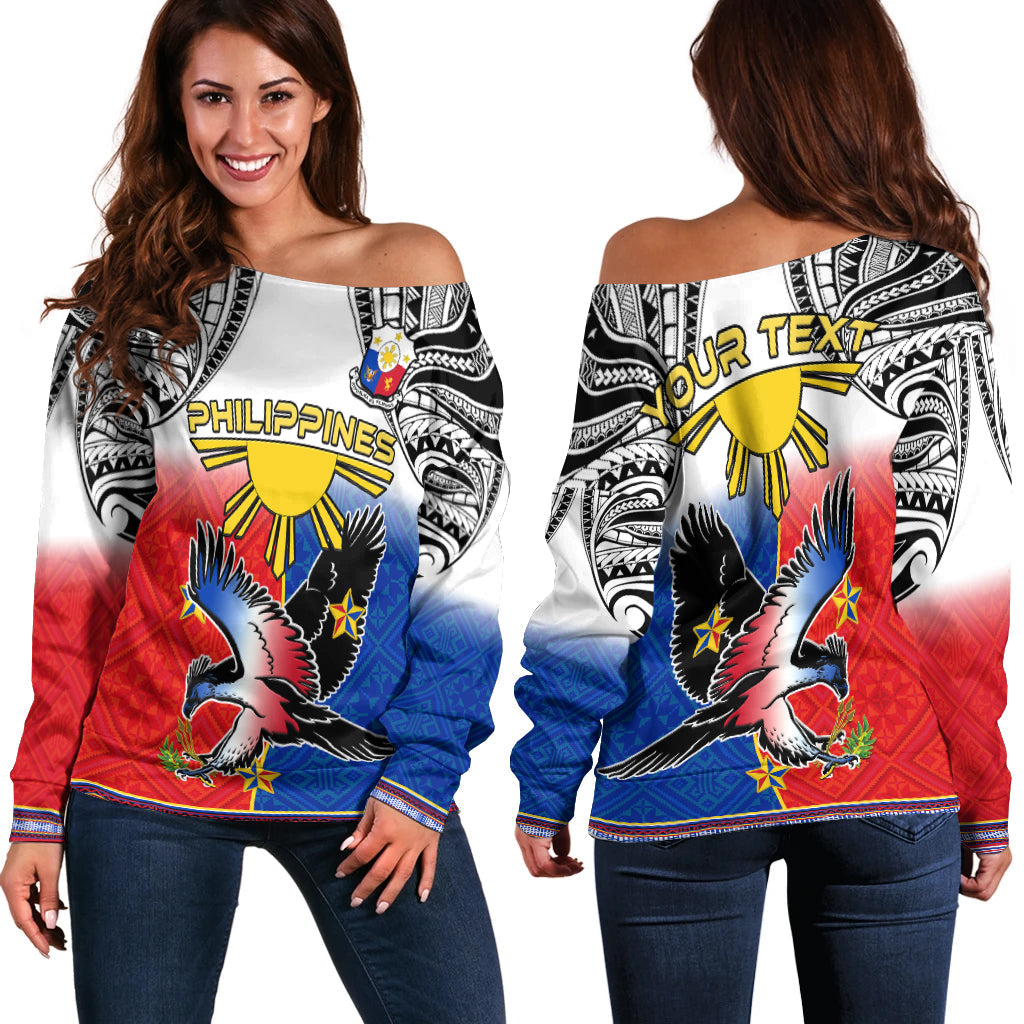 Custom Personalised Philippines Off Shoulder Sweater Polynesian Filipino Pattern With Eagle - Wonder Print Shop
