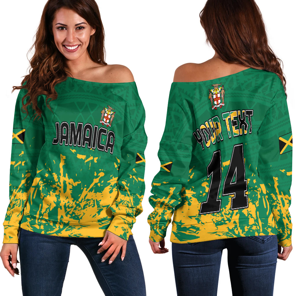 (Custom Text and Number) Jamaica Athletics Off Shoulder Sweater Jamaican Flag With African Pattern Sporty Style - Wonder Print Shop