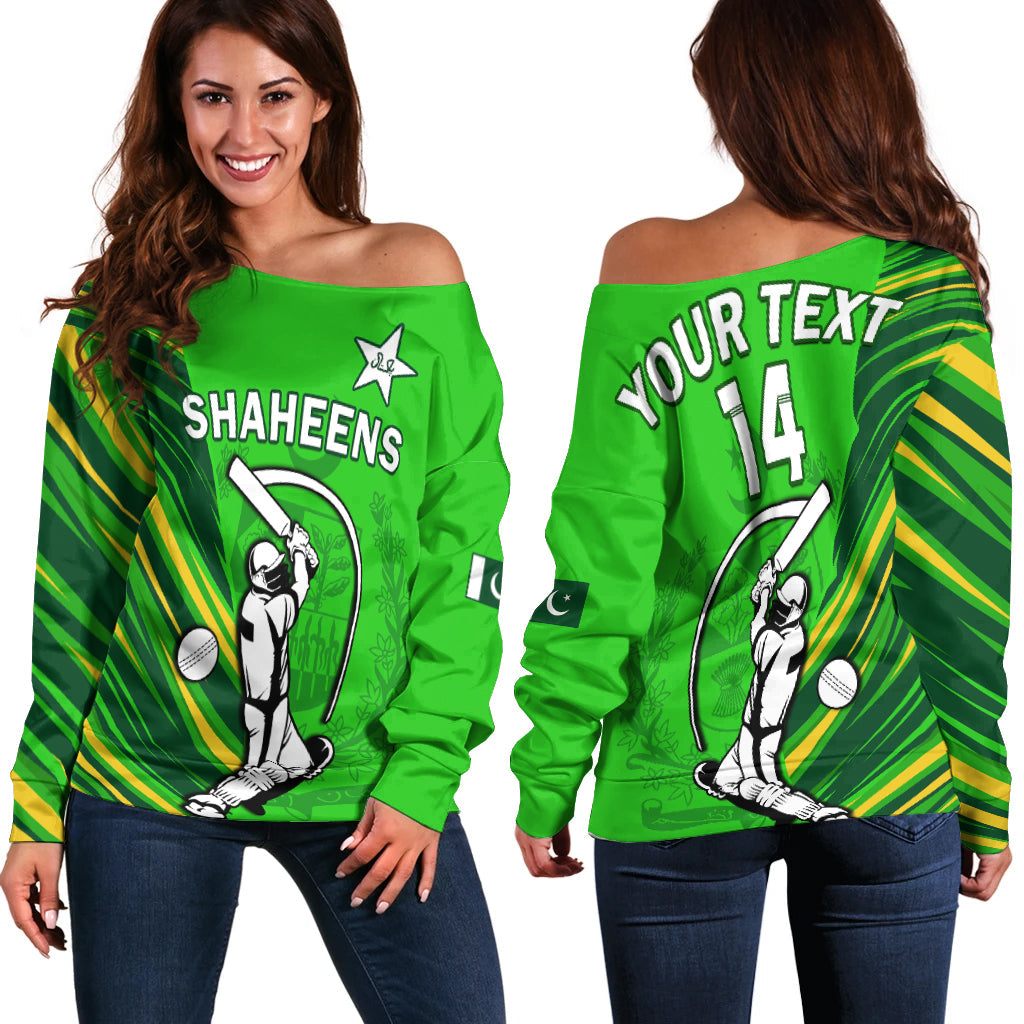 (Custom Text And Number) Pakistan Cricket Off Shoulder Sweater Go Shaheens Simple Style - Wonder Print Shop
