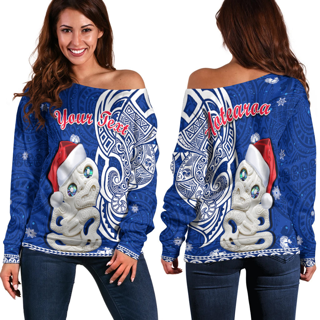 Custom Personalised New Zealand Christmas Off Shoulder Sweater Hei Tiki Blue Pohutukawa Meri Kirihimete - Wonder Print Shop