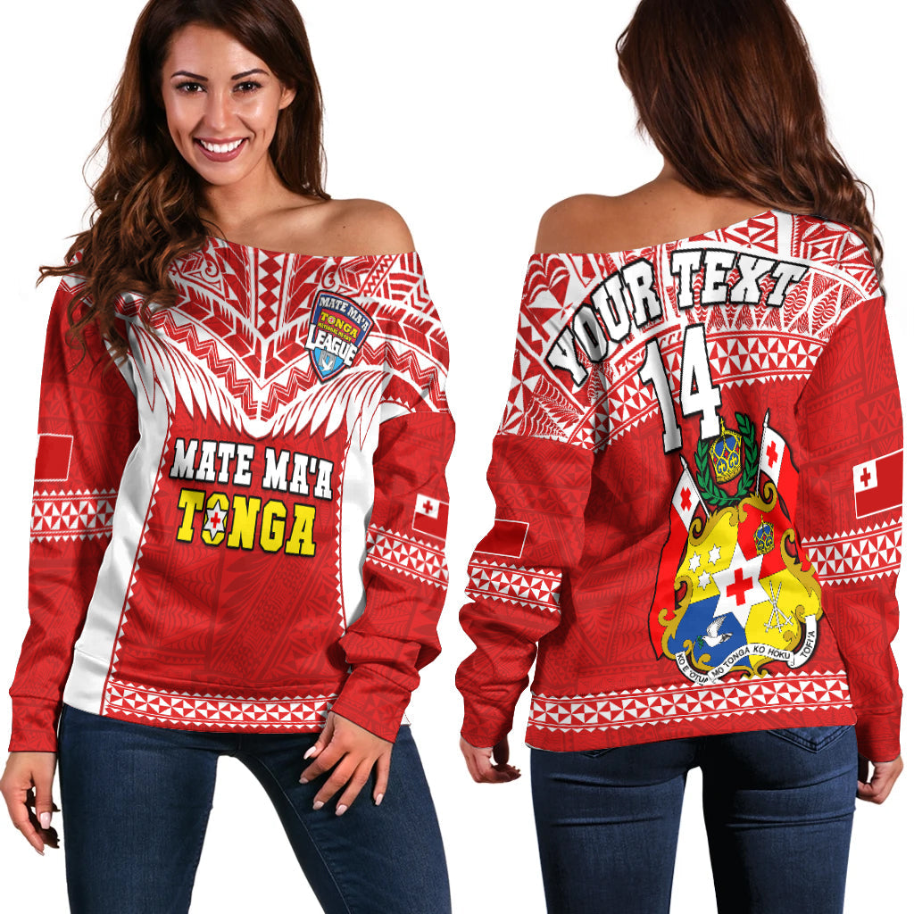 Custom Text And Number Tonga Rugby Off Shoulder Sweater Mate Maa Tonga Pacific Ngatu White - Wonder Print Shop