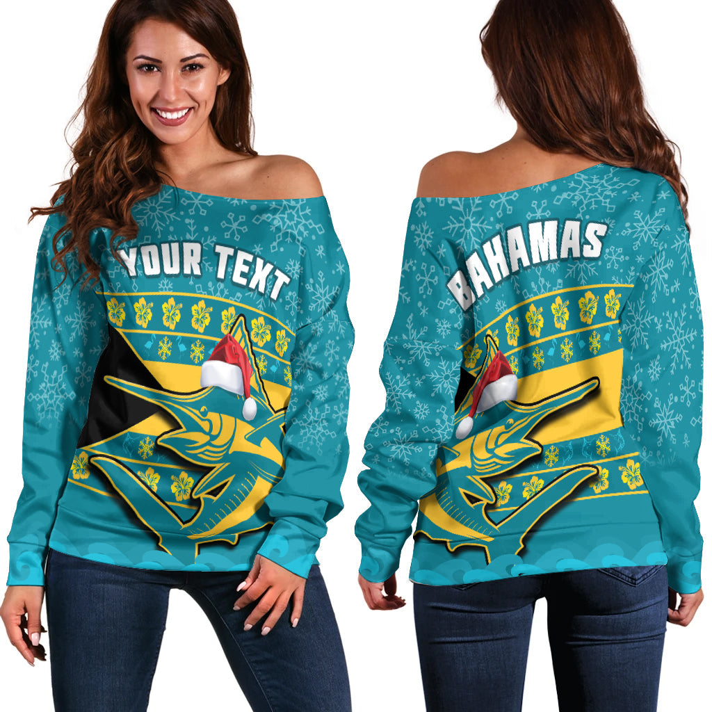 (Custom Personalised) Bahamas Off Shoulder Sweater Bahamian Blue Marlin Merry Christmas - Wonder Print Shop