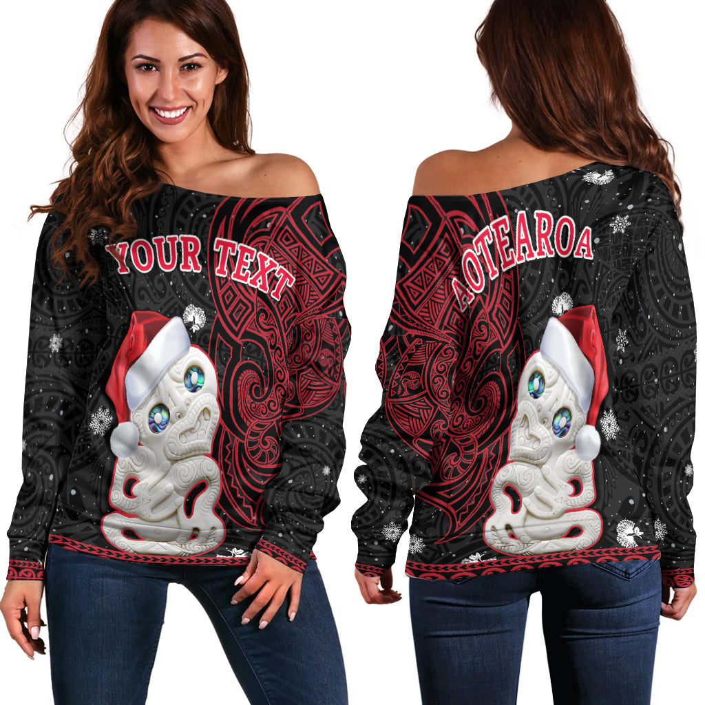Custom Personalised New Zealand Christmas Off Shoulder Sweater Hei Tiki Red Pohutukawa Meri Kirihimete - Wonder Print Shop