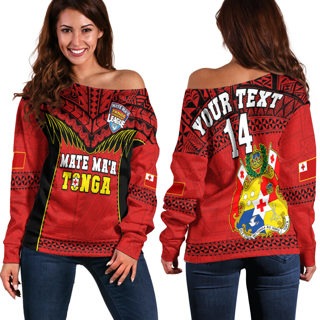 Custom Text And Number Tonga Rugby Off Shoulder Sweater Mate Maa Tonga Pacific Ngatu Black - Wonder Print Shop