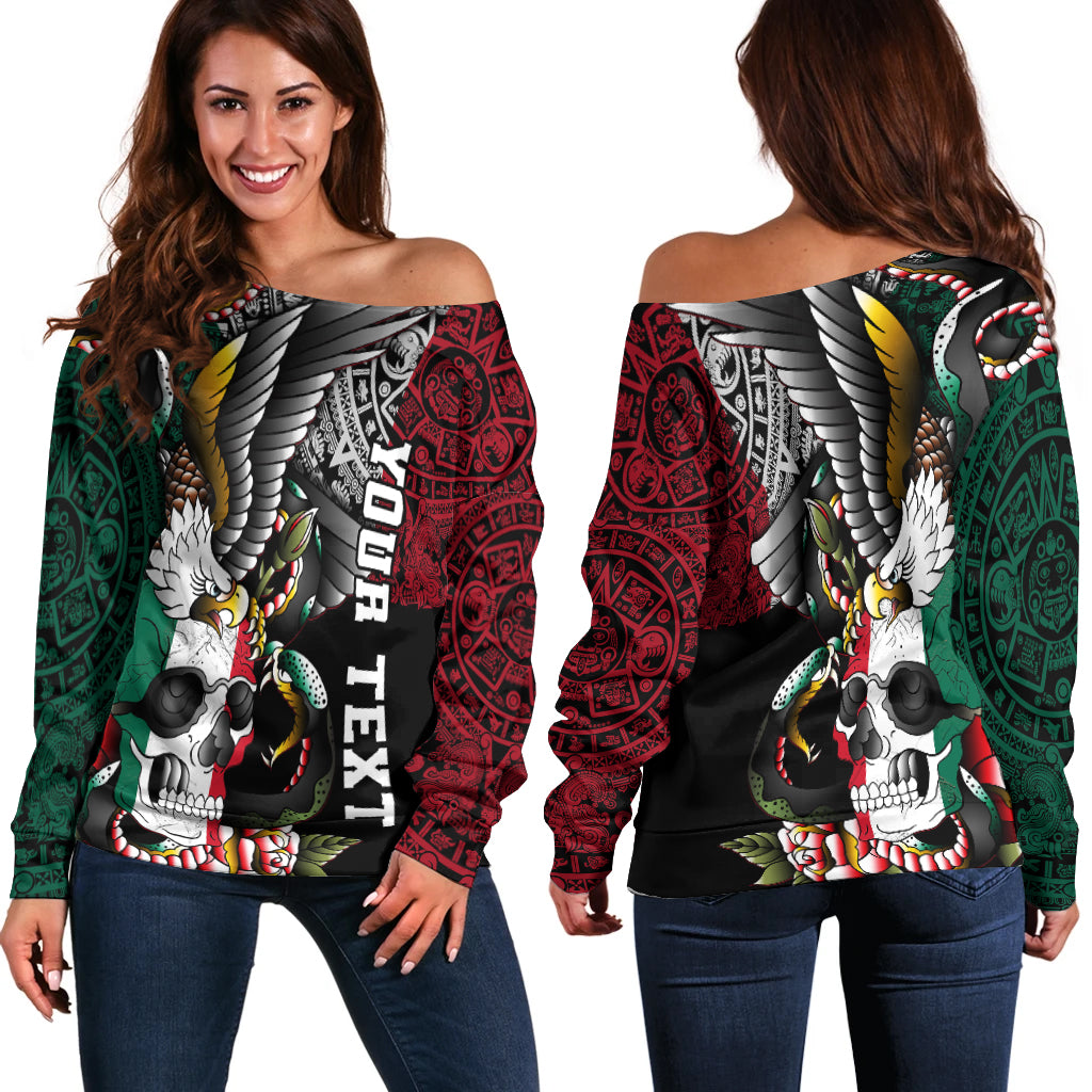 (Custom Personalised) Mexico Off Shoulder Sweater Mexican Skull Eagle With Angry Snake - Wonder Print Shop