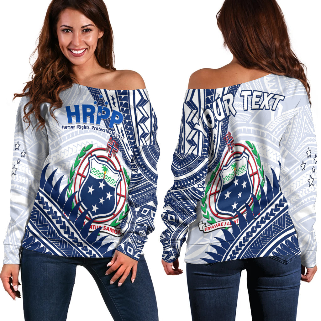 Custom Personalised HRPP Samoa Off Shoulder Sweater Samoan Coat Of Arms Polynesian Pattern - Wonder Print Shop
