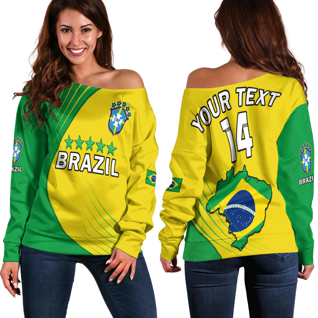 (Custom Text And Number) Brazil Football Off Shoulder Sweater Brasil Map Come On Canarinho Sporty Style - Wonder Print Shop