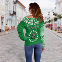 (Custom Text and Number) Cook Islands Tatau Off Shoulder Sweater Symbolize Passion Stars Version Green LT13 - Wonder Print Shop