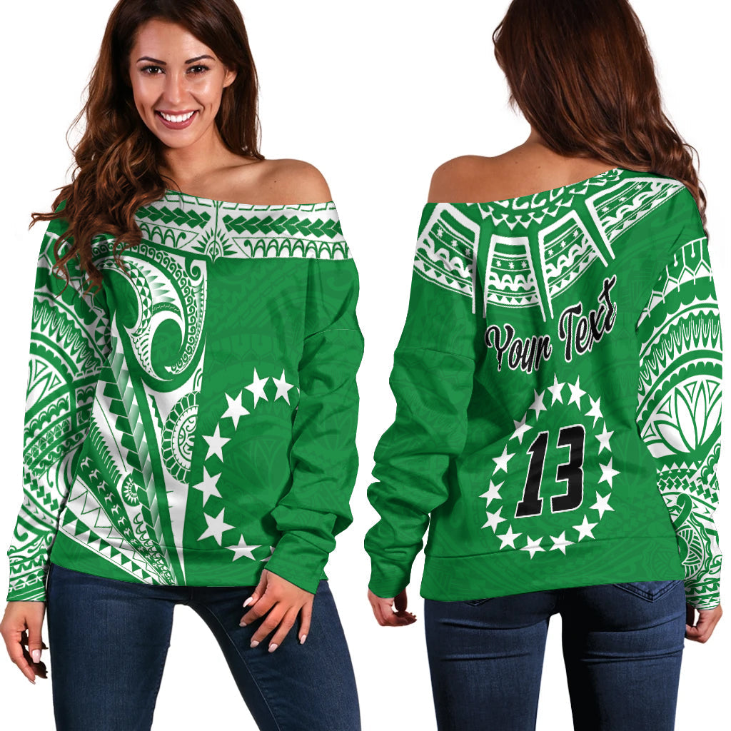 (Custom Text and Number) Cook Islands Tatau Off Shoulder Sweater Symbolize Passion Stars Version Green LT13 - Wonder Print Shop