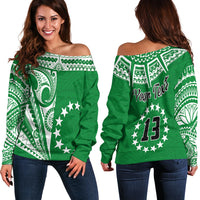 (Custom Text and Number) Cook Islands Tatau Off Shoulder Sweater Symbolize Passion Stars Version Green LT13 - Wonder Print Shop