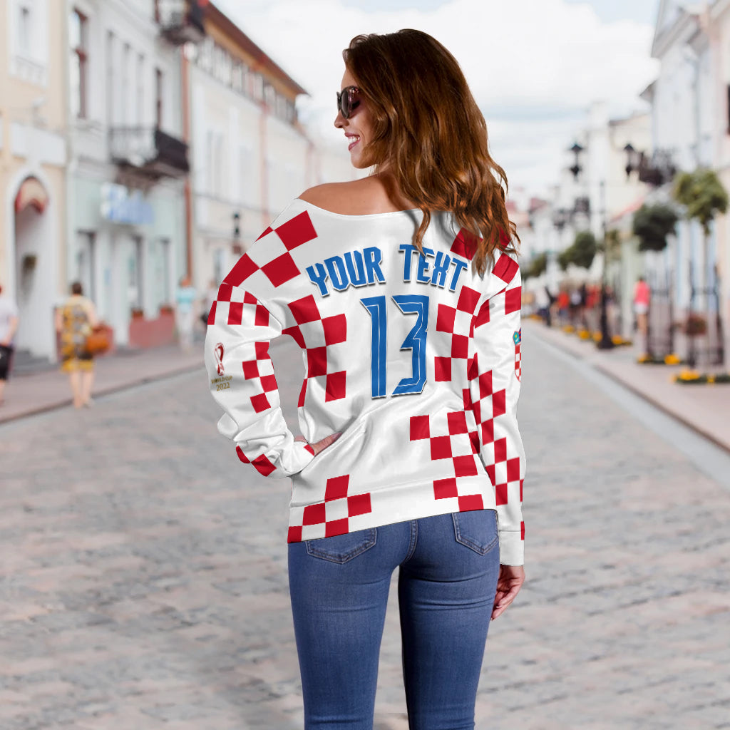 (Custom Text and Number) Croatia Football Off Shoulder Sweater World Cup Champions 2022 Hrvatska LT13 - Wonder Print Shop
