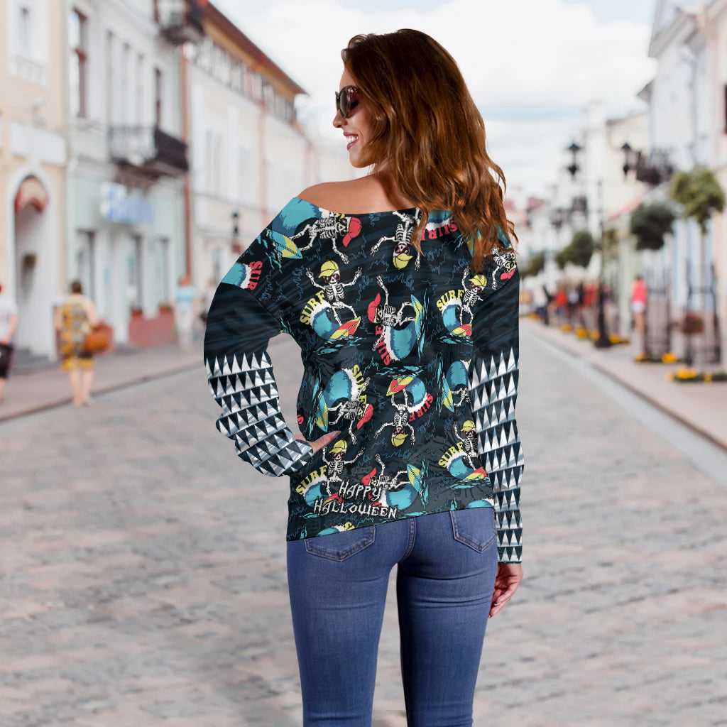 Hawaii Skeleton Surf Off Shoulder Sweater Halloween Hawaiian Tribal LT13 - Wonder Print Shop