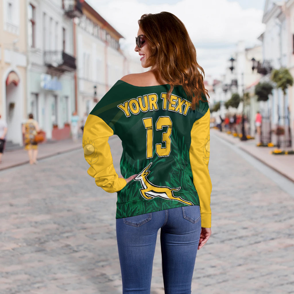 (Custom Text and Number) South Africa Rugby Off Shoulder Sweater Springboks King Protea Go Bokke LT13 - Wonder Print Shop