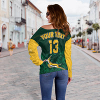 (Custom Text and Number) South Africa Rugby Off Shoulder Sweater Springboks King Protea Go Bokke LT13 - Wonder Print Shop