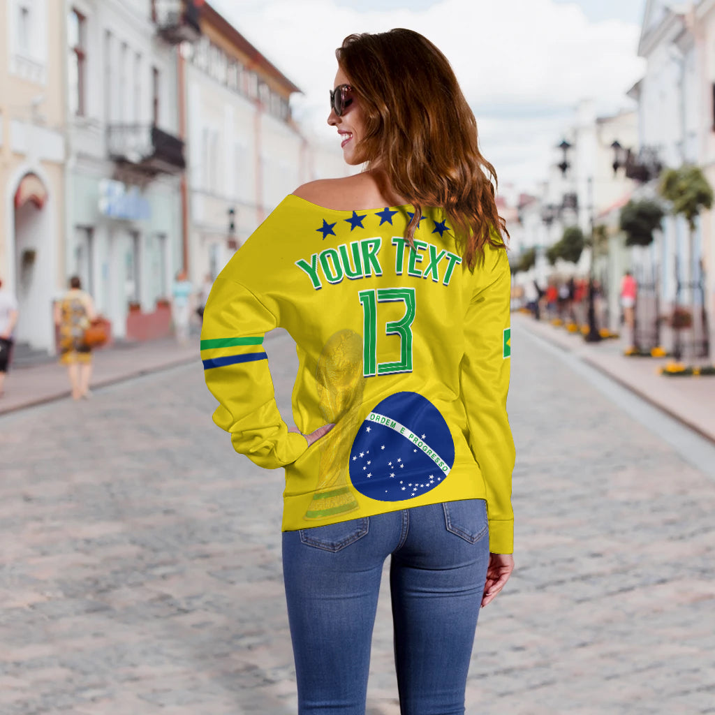 Yellow off-shoulder sweater, back print YOUR TEXT and number 13 with trophy and Brazil flag circle.