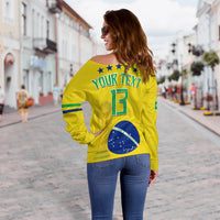 Yellow off-shoulder sweater, back print YOUR TEXT and number 13 with trophy and Brazil flag circle.