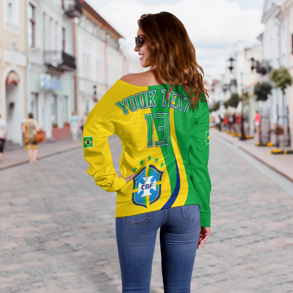 Off-shoulder Brazil soccer sweater with 'YOUR TEXT' and number 13 on green/yellow back