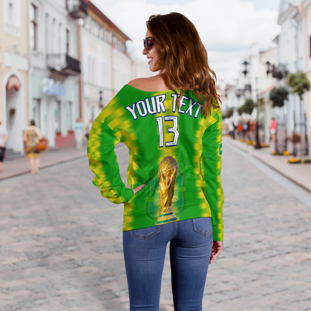 (Custom Text and Number) Brazil Football Champions Off Shoulder Sweater Proud Selecao LT13 - Wonder Print Shop