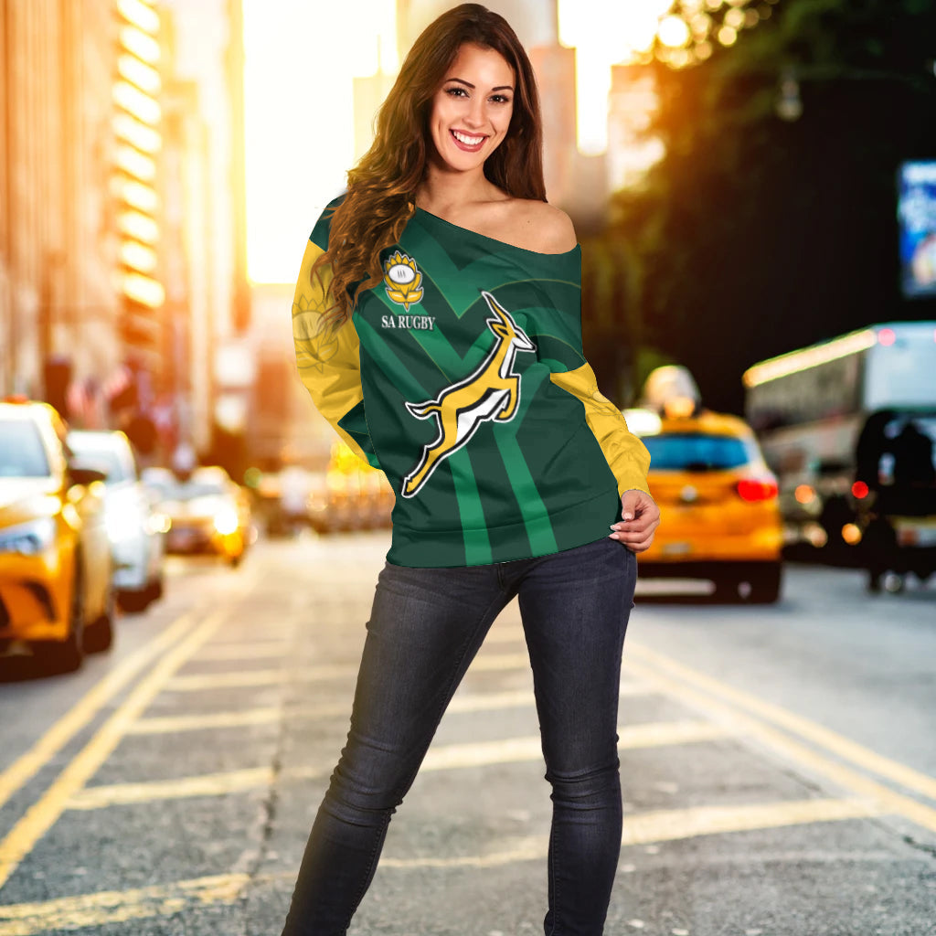 (Custom Text and Number) South Africa Rugby Off Shoulder Sweater Springboks King Protea Go Bokke LT13 - Wonder Print Shop